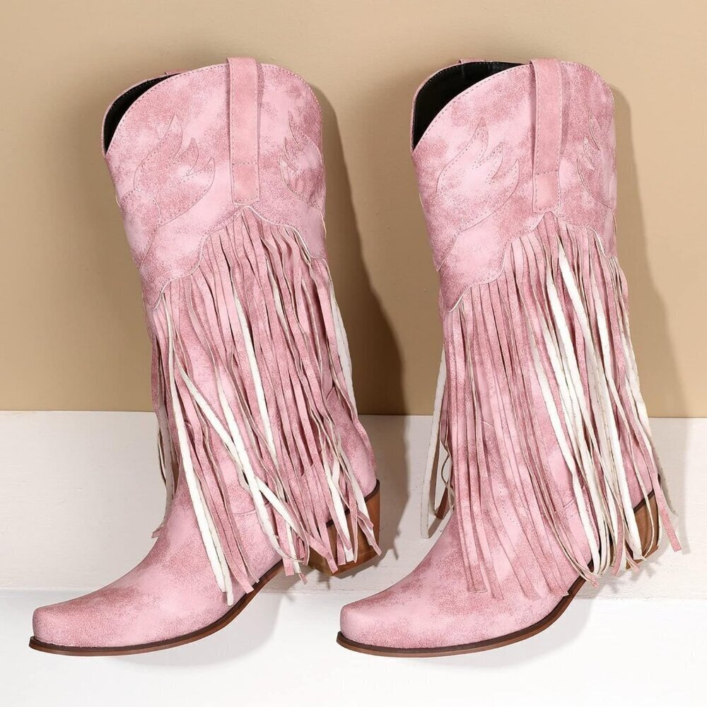 Women's Pink Fringe Cowboy Boots Square Toe Mid Calf Embroidered Western Boots - Picture 6 of 7